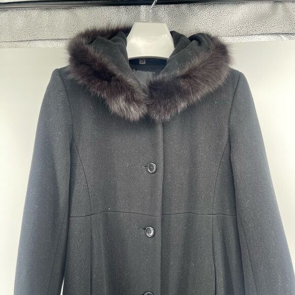 S by Searle Women’s Black Wool Cashmere Coat w/ Fox Fur Hood Trim Size 6 - Picture 5 of 17